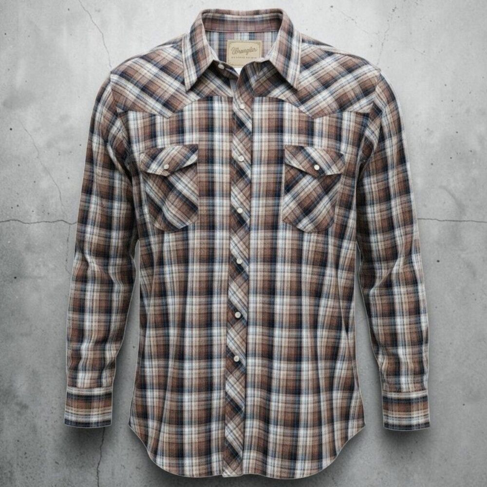 Wrangler Western Shirt Mens 2XL Blue Brown Plaid Pearl Snaps Cowboy Classic
